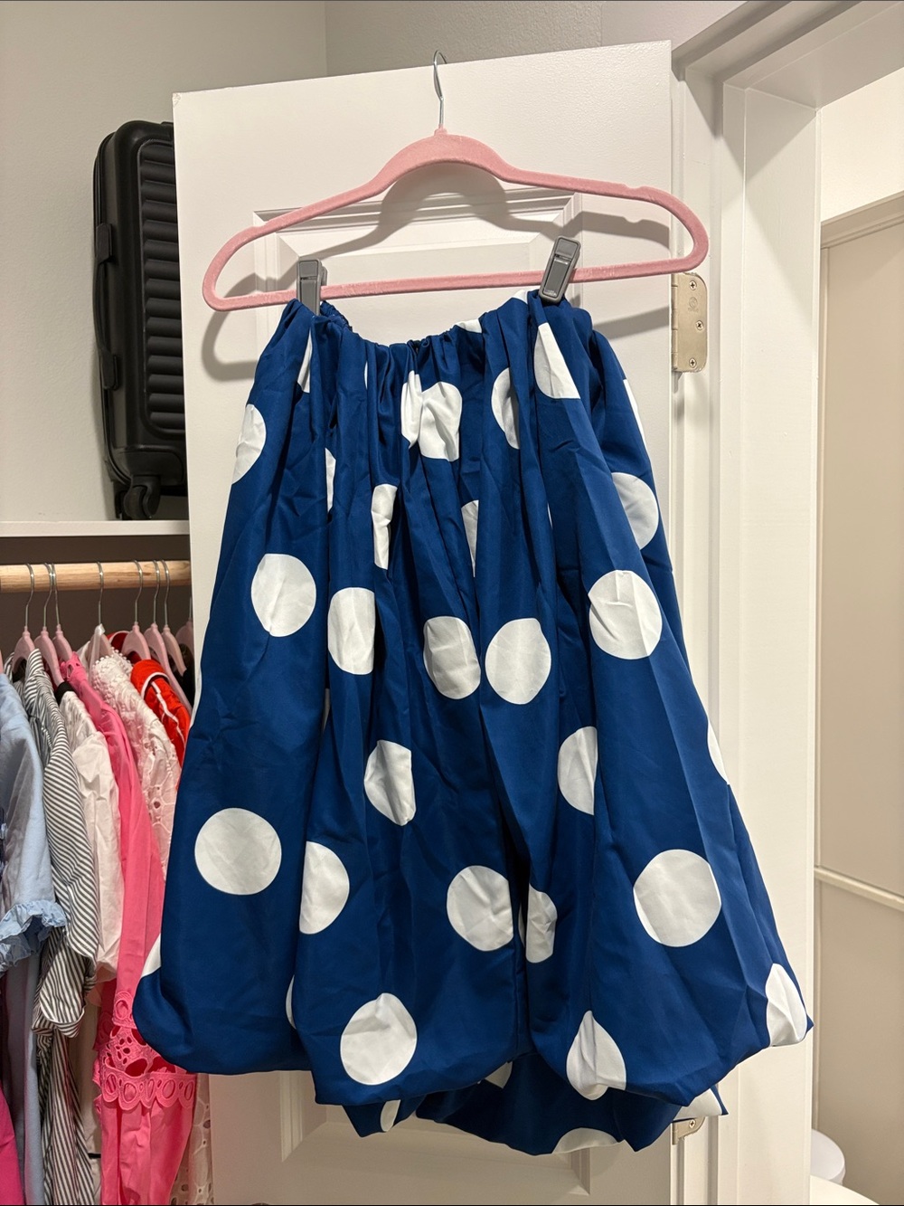 Blue Polka Dot Mini Dress with Gathered Waist